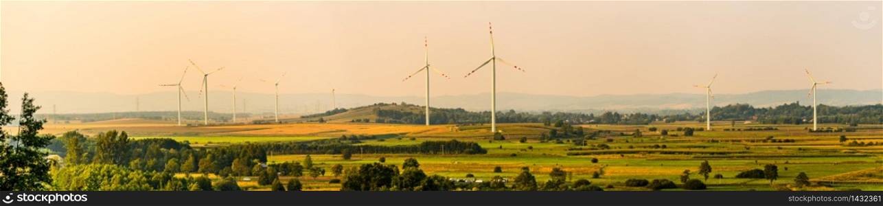 Panorama landscape, Wind turbines on the field in rural area. Ecology concept. Panorama landscape, Wind turbines on the field in rural area