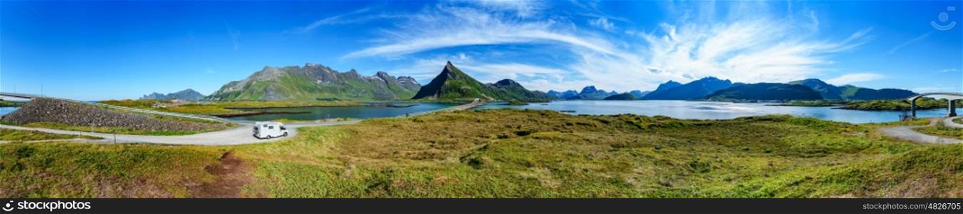 Panorama Lofoten is an archipelago in the county of Nordland, Norway. Is known for a distinctive scenery with dramatic mountains and peaks, open sea and sheltered bays, beaches and untouched lands.