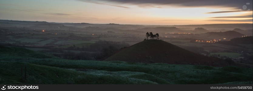 Panorama misty countryside landscape vibrant dawn sunrise