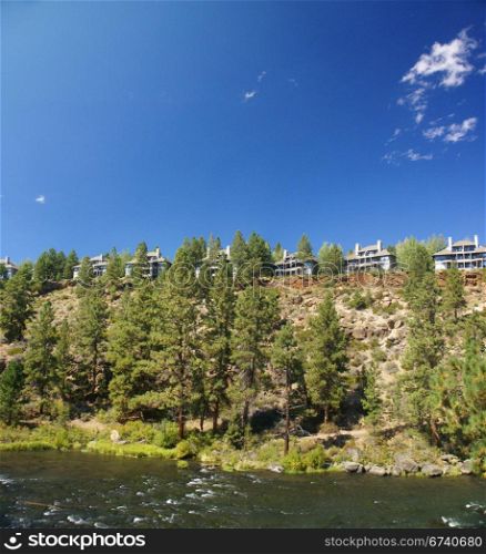 Panorama, modern houses, ponderosa pines and river canyon, Deschutes River trail, Central Oregon