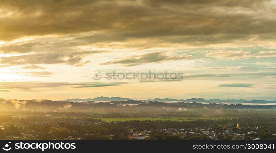 Panorama mountain and cloud in sunrise morning. mist cover mountain and forest in morning.