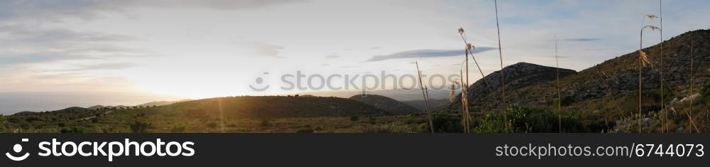 Panorama mountain and sea. Panorama from the Garraf Natural Park towards the sea, mediterranean landscape