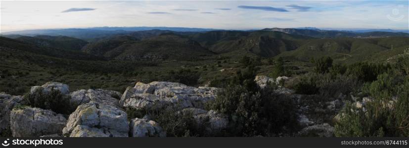 Panorama mountains and hills. Panorama view from the natural park of Garraf towards mediterranean hills and mountains