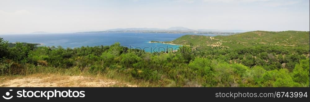Panorama mountains and sea Greece. Panorama view of mountains and sea from the island of spetses in Greece,