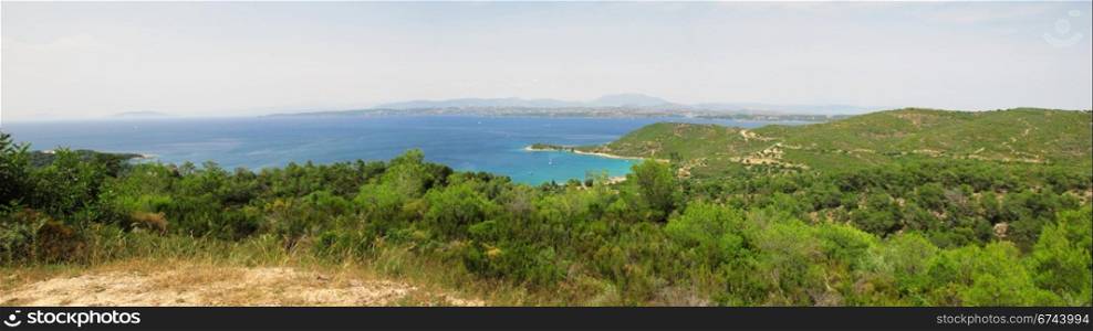Panorama mountains and sea Greece. Panorama view of mountains and sea from the island of spetses in Greece,