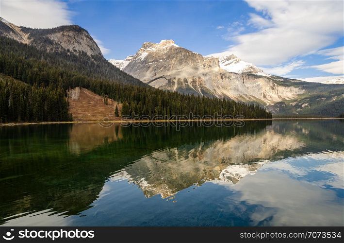 Panorama nature view of Emerald Lake with Rocky mountain reflection in Yoho National Park, British Columbia, Canada