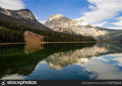 Panorama nature view of Emerald Lake with Rocky mountain reflection in Yoho National Park, British Columbia, Canada