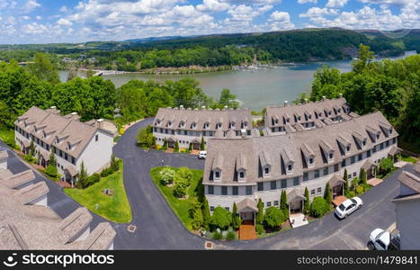 Panorama of a townhome development at Cheat Lake from aerial drone shot near Morgantown, West Virginia. Townhouse development by Cheat Lake in Morgantown West Virginia