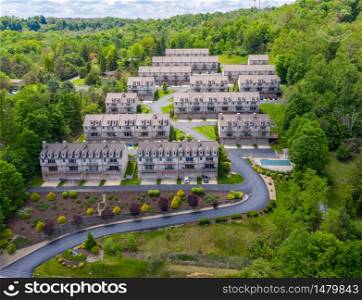 Panorama of a townhome development at Cheat Lake from aerial drone shot near Morgantown, West Virginia. Townhouse development by Cheat Lake in Morgantown West Virginia