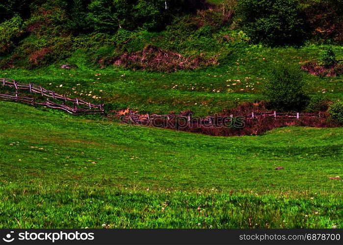 Panorama of a typical alpine meadow with wood fence.Mountain and valley