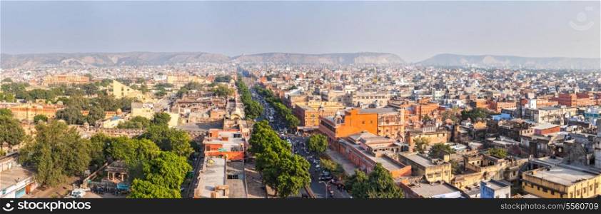"Panorama of aerial view of Jaipur (Pink city) - Hawa Mahal (Palace of Winds" or a??Palace of the Breezea??) and Jantar Mantar observatory. Jaipur, Rajasthan, India"