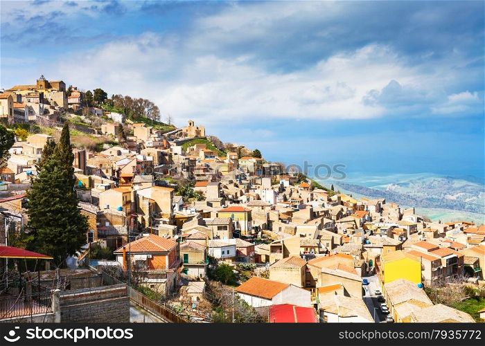 panorama of Aidone town in Sicily in spring, Italy