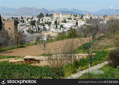 Panorama of Albaicin seen from the Alhambra in Granada, Andalusia, Spain
