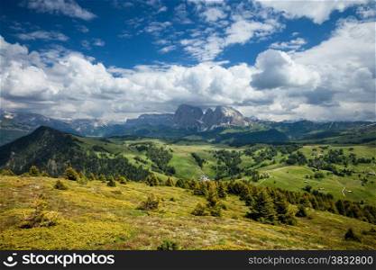 Panorama of Alpe di Suisi at sunny day, Dolomites mountains, Italy