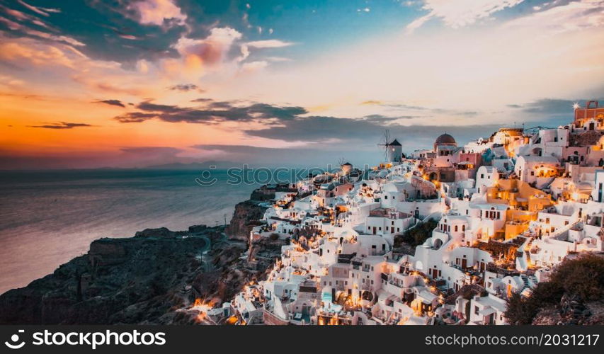 panorama of amazing sunset over Oia, Santorini