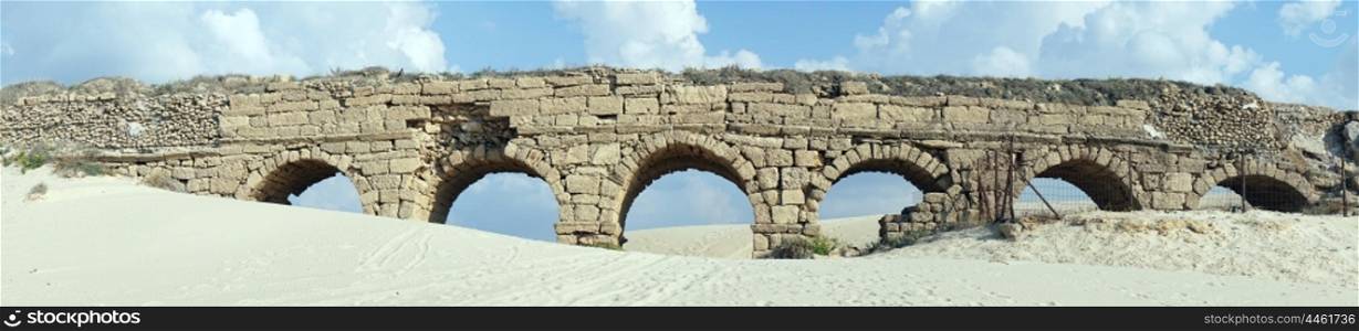 Panorama of ancient aqueduct near Caesarea, Israel