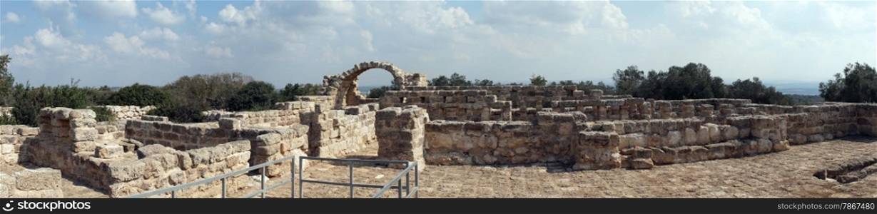 Panorama of ancient farm Hirbat Akav in Israel