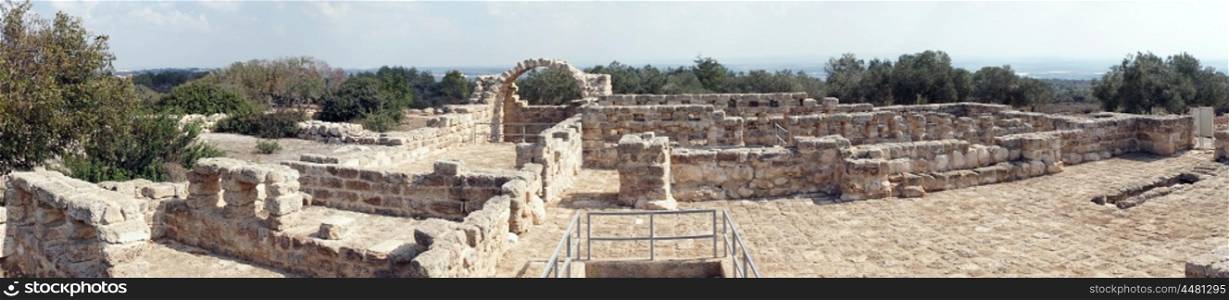 Panorama of ancient ruins Hirbat Akav in Israel