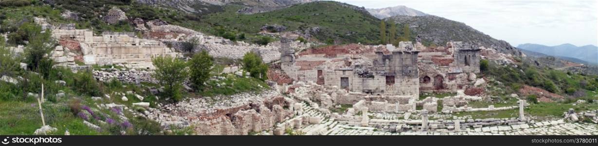 Panorama of ancient ruins in Sagalassos in Turkey