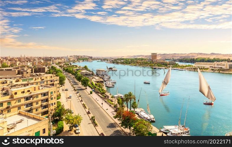 Panorama of Aswan and the Nile with sailboats, aerial view, Egypt.. Panorama of Aswan and the Nile with sailboats, aerial view, Egypt