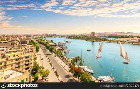 Panorama of Aswan and the Nile with sailboats, aerial view, Egypt.. Panorama of Aswan and the Nile with sailboats, aerial view, Egypt