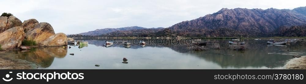 Panorama of Bafa lake with boats in Turkey