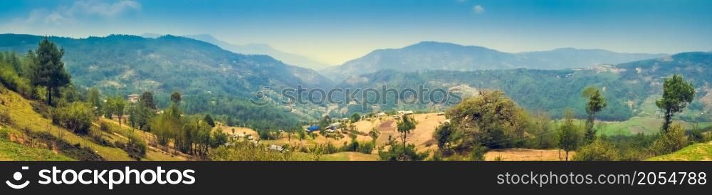 Panorama of Beautiful Mountain Valley with Sunlight. Panoramic mountain landscape