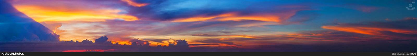 Panorama of beautiful sky sunset. Panoramic composition in high resolution. Nature background.