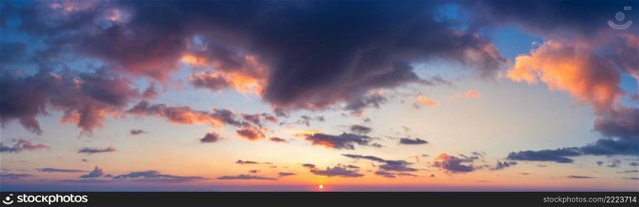 Panorama of Beautiful sunset sky with clouds and sunlight, Natural background.
