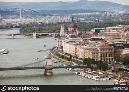 Panorama of Budapest, Hungary, view of Chain Bridge and Parliament Building