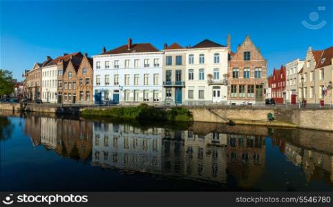 Panorama of canal and medieval houses. Bruges (Brugge), Belgium