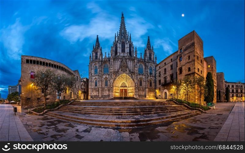 Panorama of Cathedral of the Holy Cross and Saint Eulalia in the. Panorama of Cathedral of the Holy Cross and Saint Eulalia in the Morning, Barri Gothic Quarter, Barcelona, Catalonia