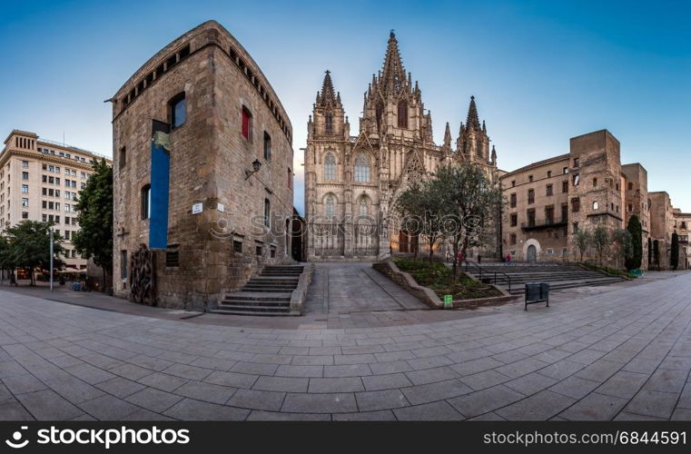 Panorama of Cathedral of the Holy Cross and Saint Eulalia in the. Panorama of Cathedral of the Holy Cross and Saint Eulalia in the Morning, Barri Gothic Quarter, Barcelona, Catalonia