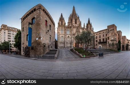 Panorama of Cathedral of the Holy Cross and Saint Eulalia in the. Panorama of Cathedral of the Holy Cross and Saint Eulalia in the Morning, Barri Gothic Quarter, Barcelona, Catalonia
