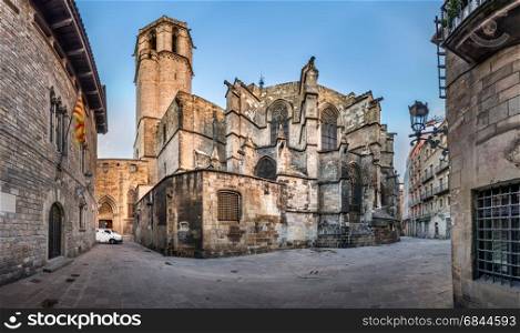 Panorama of Cathedral of the Holy Cross and Saint Eulalia, View . Panorama of Cathedral of the Holy Cross and Saint Eulalia, View from Freneria Street, Barcelona, Catalonia, Spain