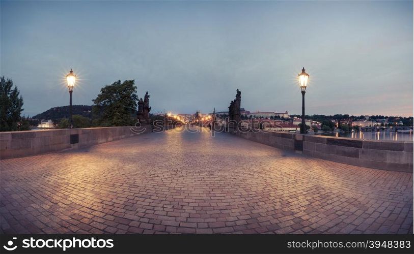 Panorama of Charles Bridge at early morning, Prague, Czech Republic