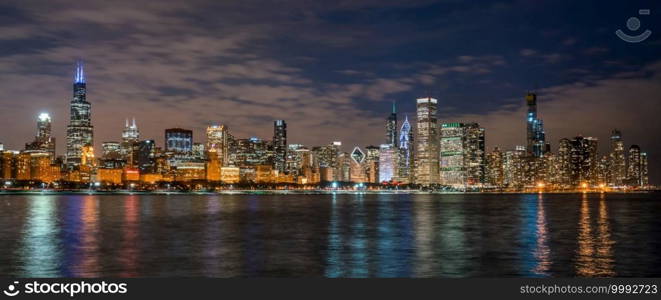 Panorama of Chicago Cityscape river side along Lake Michigan at beautiful twilight time, Illinois, United States, building and real estate,Business Architecture and building,travel and tourist concept