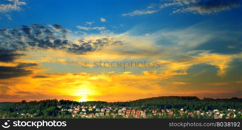 panorama of city against the background of sunset