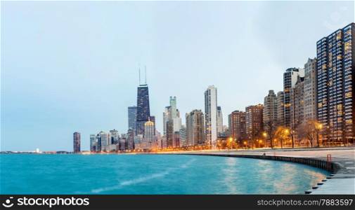Panorama of City of Chicago downtown and Lake Michigan at dusk