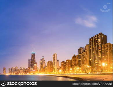 Panorama of City of Chicago downtown and Lake Michigan at dusk