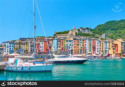 Panorama of coastal town Porto Venere (Portovenere) in Cinque terre national park, Liguria, Italy