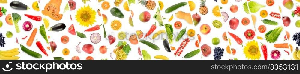 Panorama of collections useful vegetables and fruits separated by oblique lines on white background.