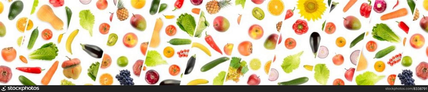 Panorama of collections vegetables and fruits separated by oblique lines on white background.
