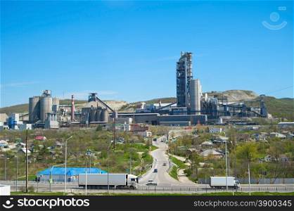 Panorama of concrete plant on a top of the hill. Russian Federation