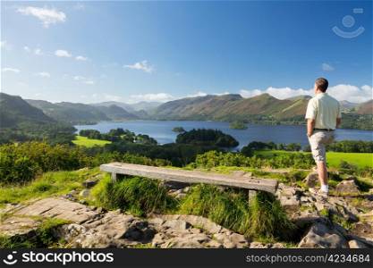Panorama of Derwentwater in English Lake District from Castlehead viewpoint in early morning