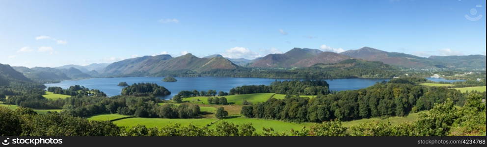 Panorama of Derwentwater in English Lake District from Castlehead viewpoint in early morning