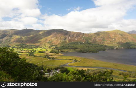 Panorama of Derwentwater in English Lake District from viewpoint in early morning