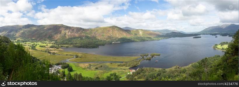Panorama of Derwentwater in English Lake District from viewpoint in early morning