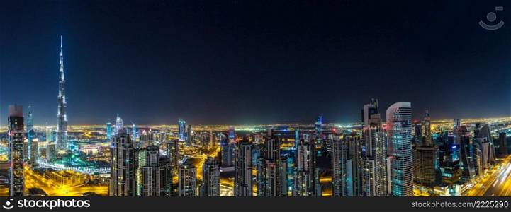 Panorama of downtown Dubai at night, United Arab Emirates