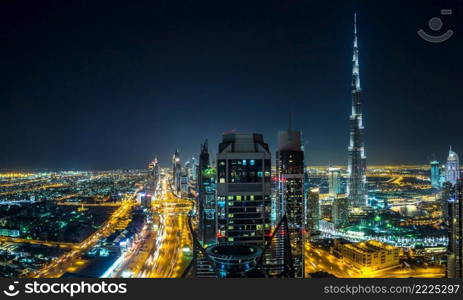 Panorama of downtown Dubai at night, United Arab Emirates